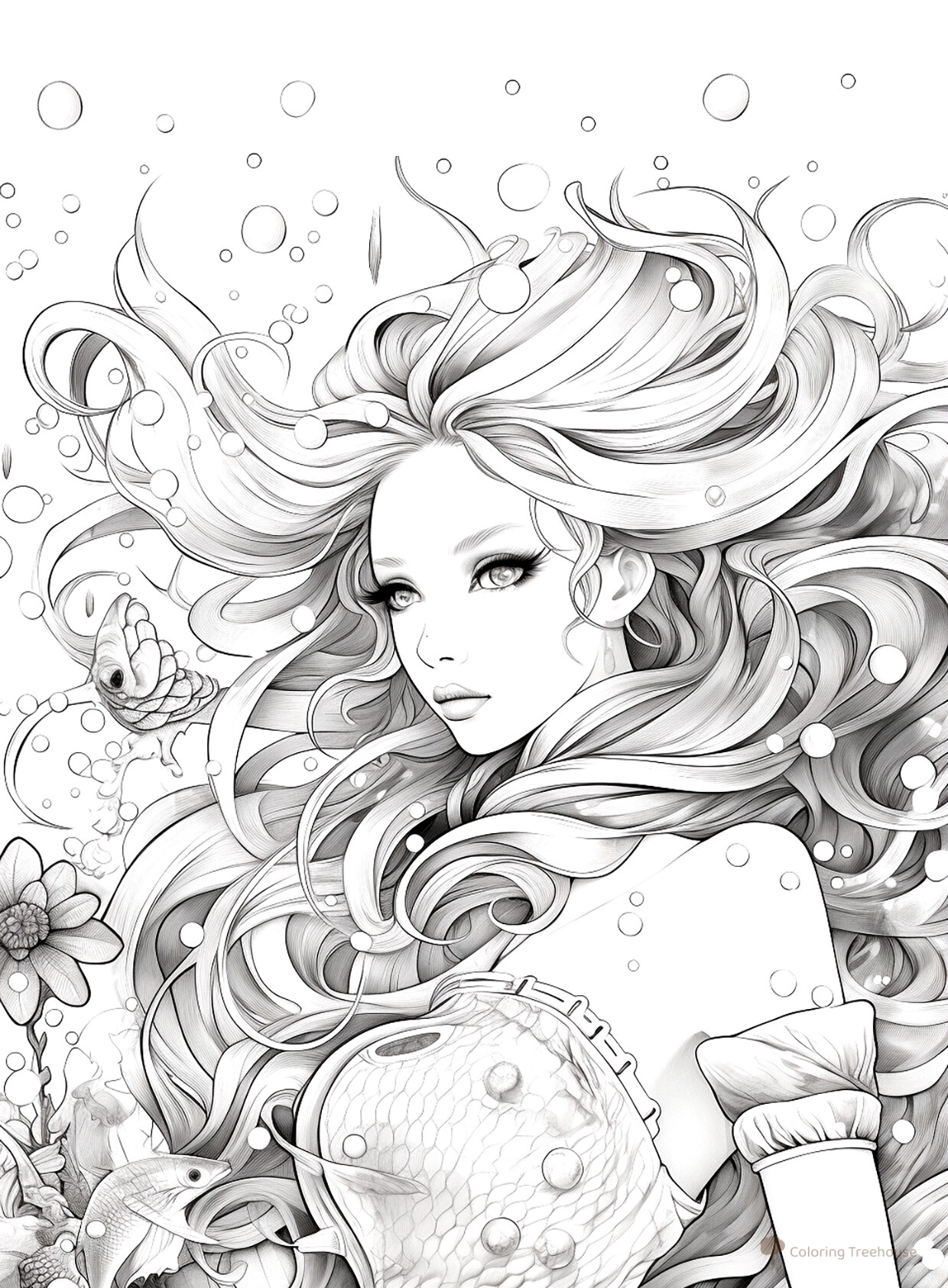 Página para colorear: Sirena realista dibujo para colorear gratis de Páginas para colorear de sirenas