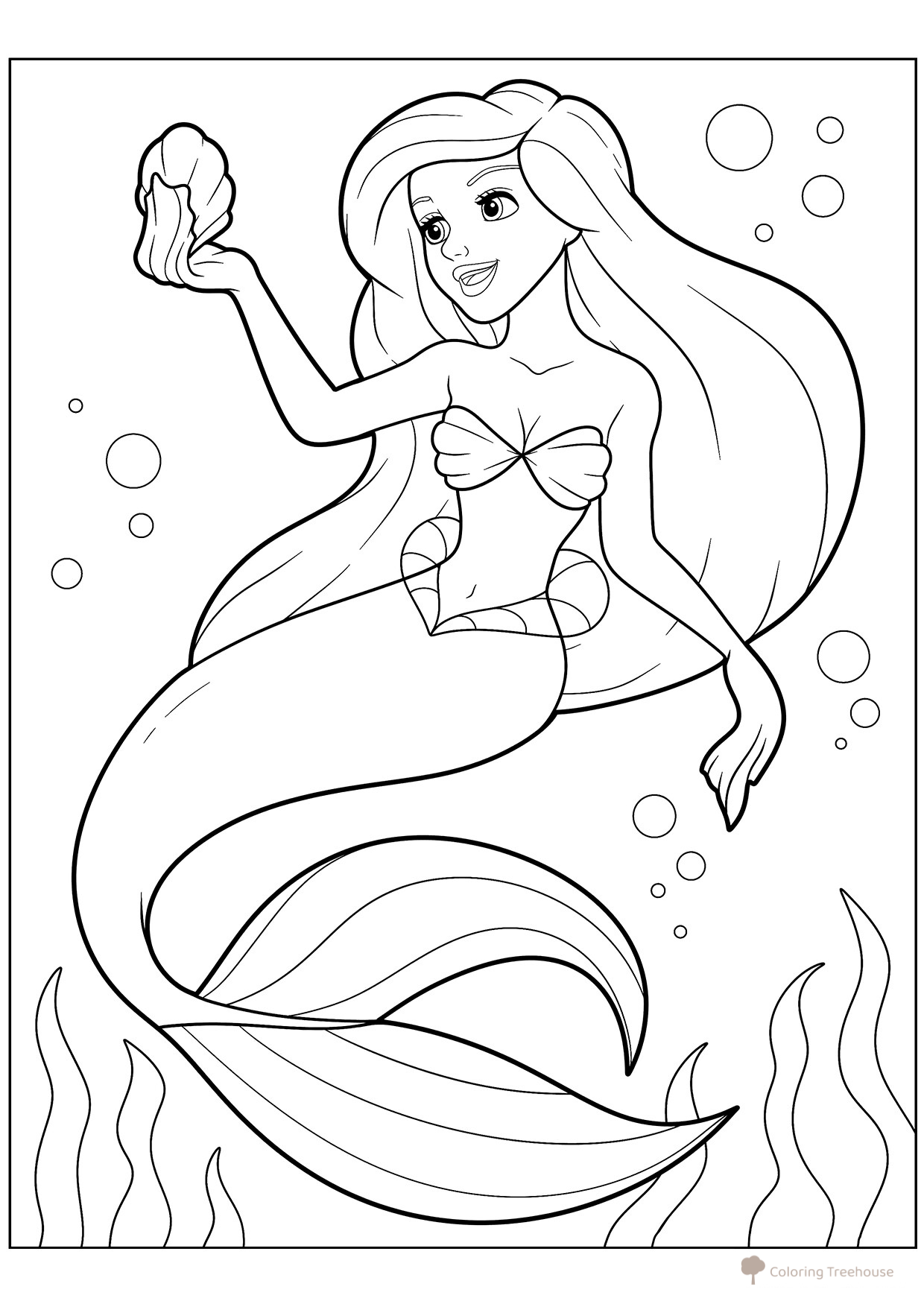 Mermaid Holding a Shell Coloring Page free printable Mermaid Coloring Pages coloring page