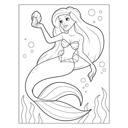 Mermaid Holding a Shell Coloring Page free printable Mermaid Coloring Pages coloring page