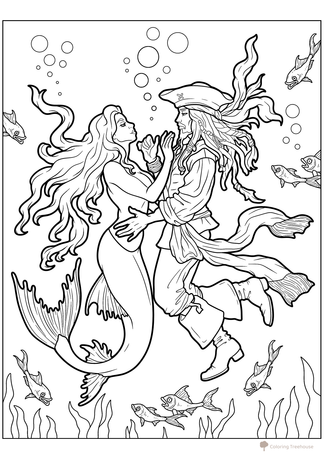 Página para colorear: Sirena y el capitán Jack Sparrow dibujo para colorear gratis de Páginas para colorear de sirenas