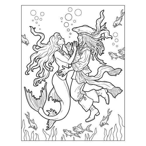 Página para colorear: Sirena y el capitán Jack Sparrow dibujo para colorear gratis de Páginas para colorear de sirenas