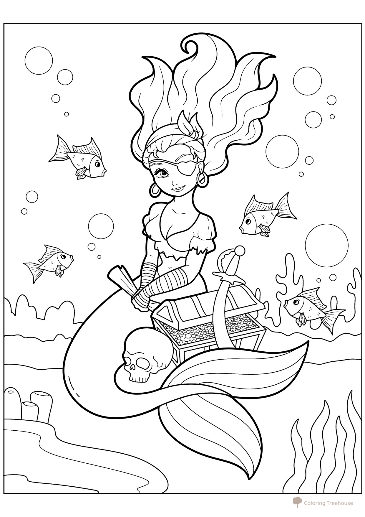 Página para colorear Sirena pirata con cofre del tesoro dibujo para colorear gratis de Páginas para colorear de sirenas