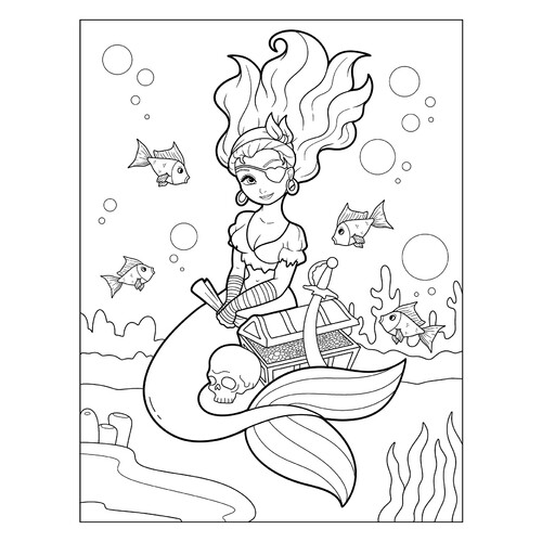 Página para colorear Sirena pirata con cofre del tesoro dibujo para colorear gratis de Páginas para colorear de sirenas