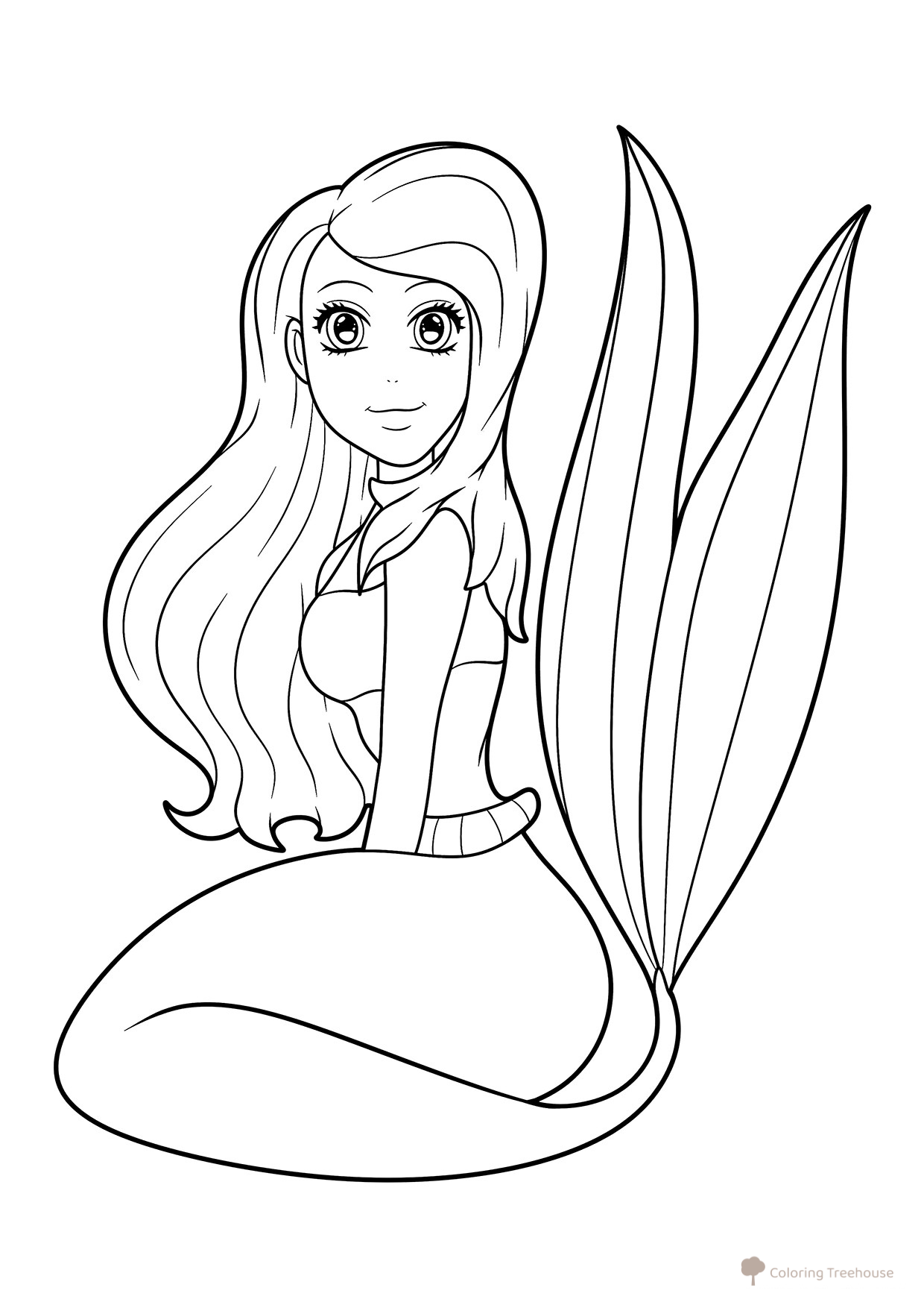 Página para colorear: Sirena con una cola grande dibujo para colorear gratis de Páginas para colorear de sirenas
