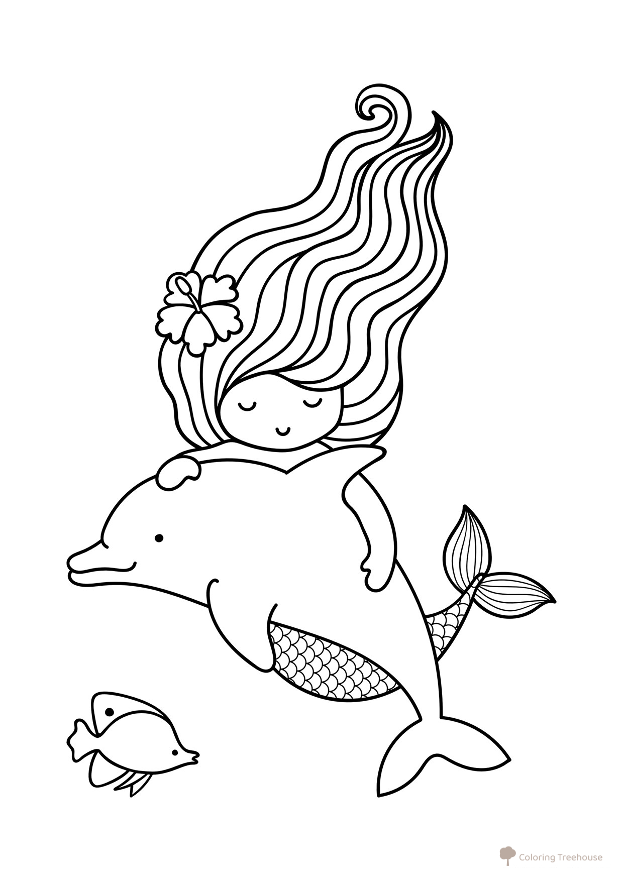 Página para colorear: Sirena con delfín dibujo para colorear gratis de Páginas para colorear de sirenas