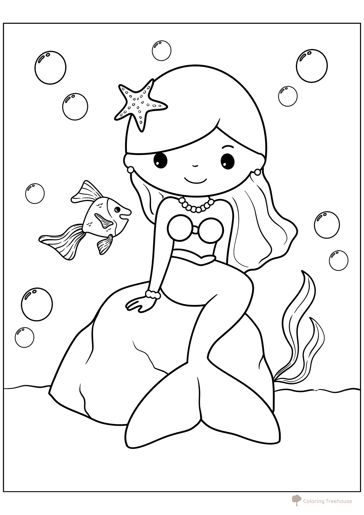 Página para colorear: La sirenita y el pez bajo el agua dibujo para colorear gratis de Páginas para colorear de sirenas