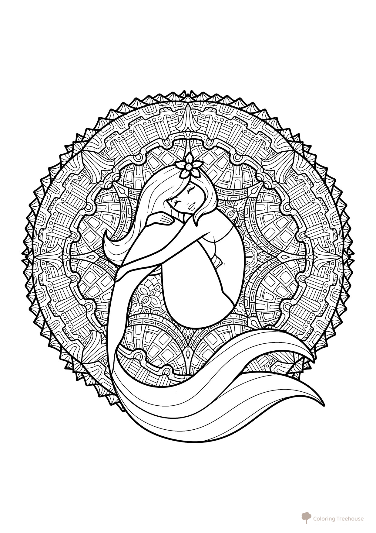 Página para colorear: Imagen detallada con sirena dibujo para colorear gratis de Páginas para colorear de sirenas