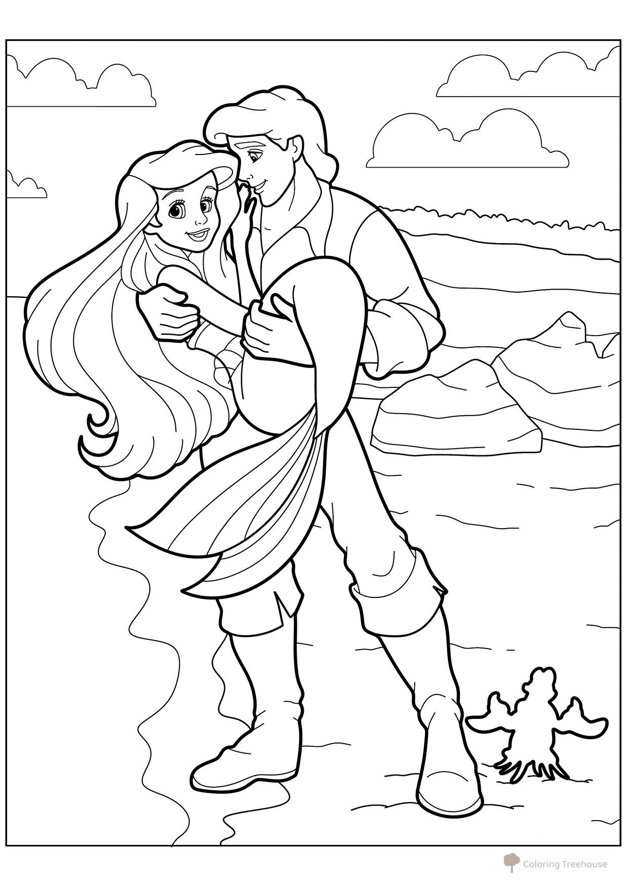 Ariel in the Prince's Arms Coloring Page free printable Ariel the Little Mermaid Coloring Pages coloring page