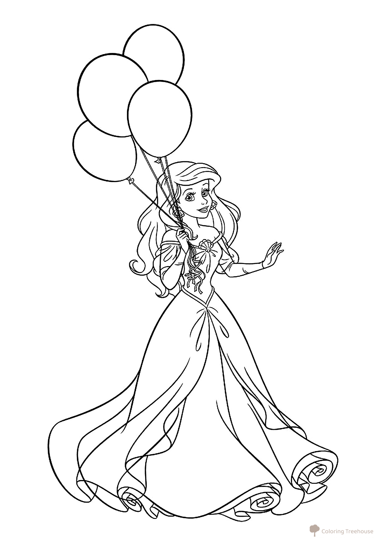 Ariel with Balloons Coloring Page free printable Ariel the Little Mermaid Coloring Pages coloring page