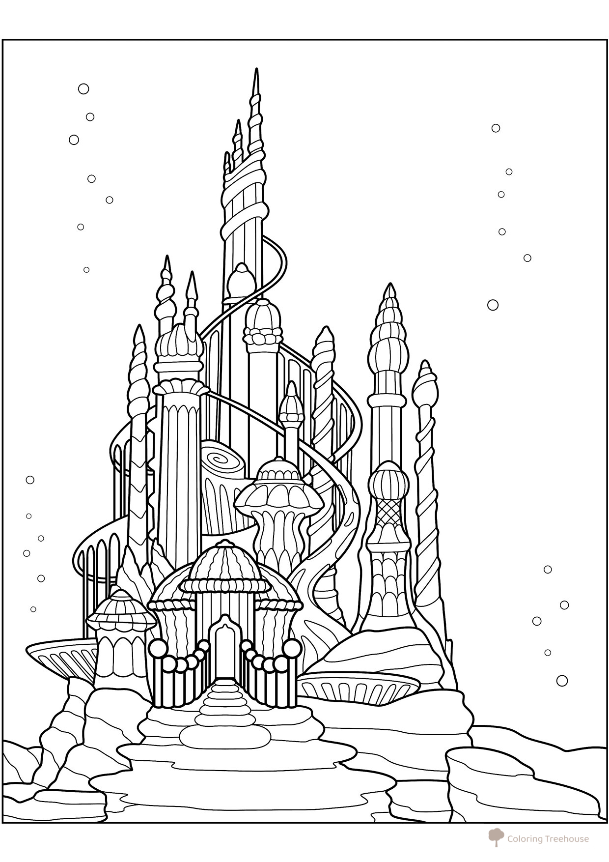 Mermaid's Underwater Castle Coloring Page free printable Ariel the Little Mermaid Coloring Pages coloring page