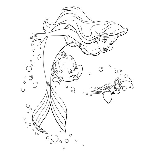 Mermaid Coloring Page — Sebastian and Flounder free printable Ariel the Little Mermaid Coloring Pages coloring page