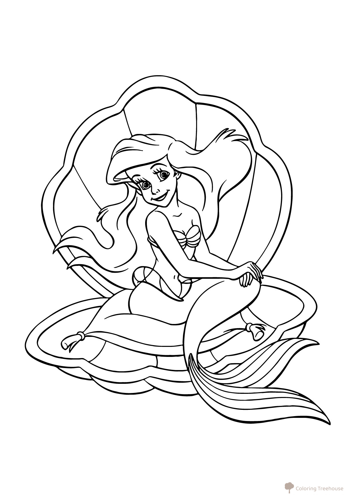 Mermaid in a Shell Coloring Page free printable Ariel the Little Mermaid Coloring Pages coloring page