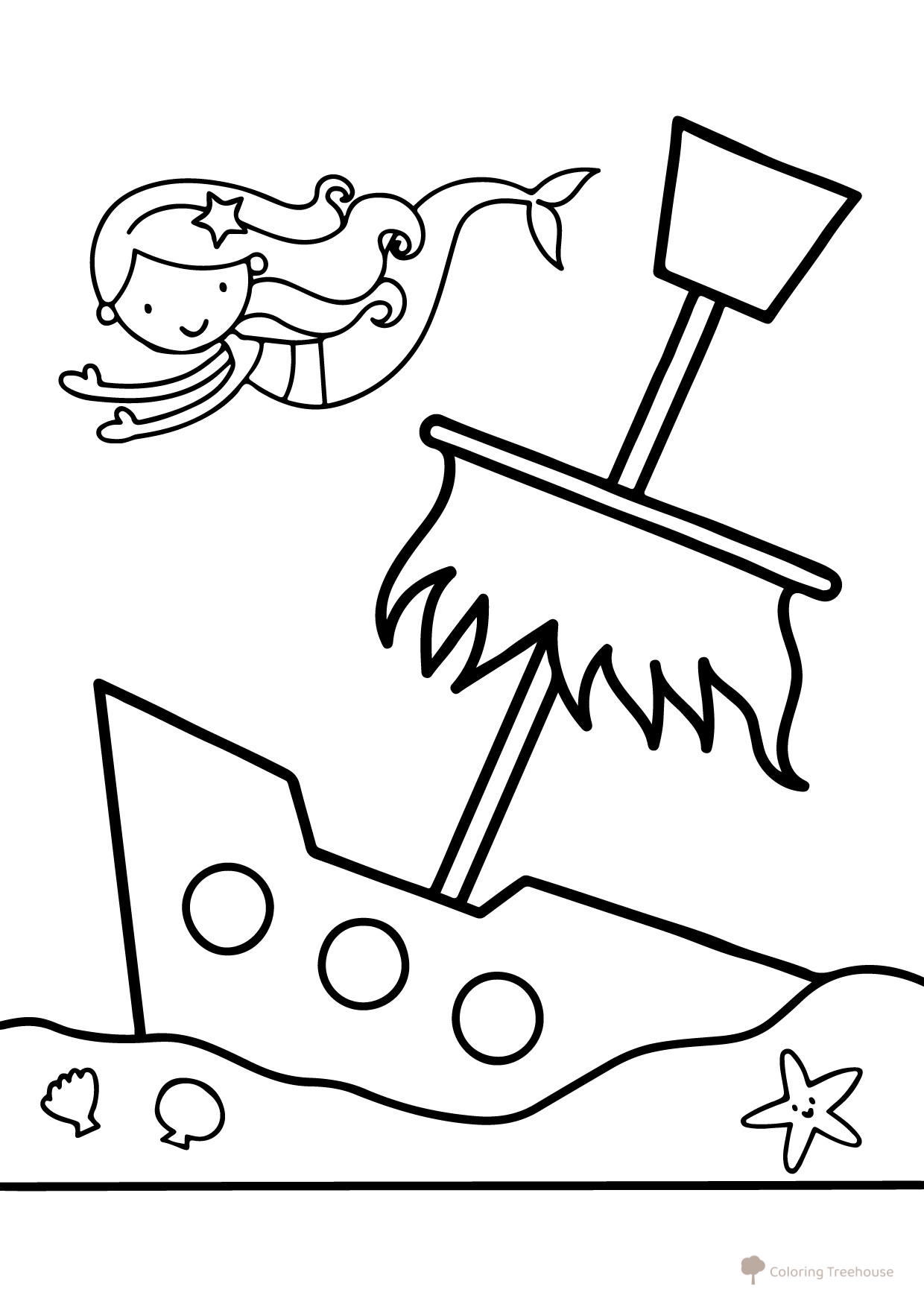Dibujo para colorear: La sirena y el barco hundido dibujo para colorear gratis de Páginas para colorear de sirenas para niños pequeños