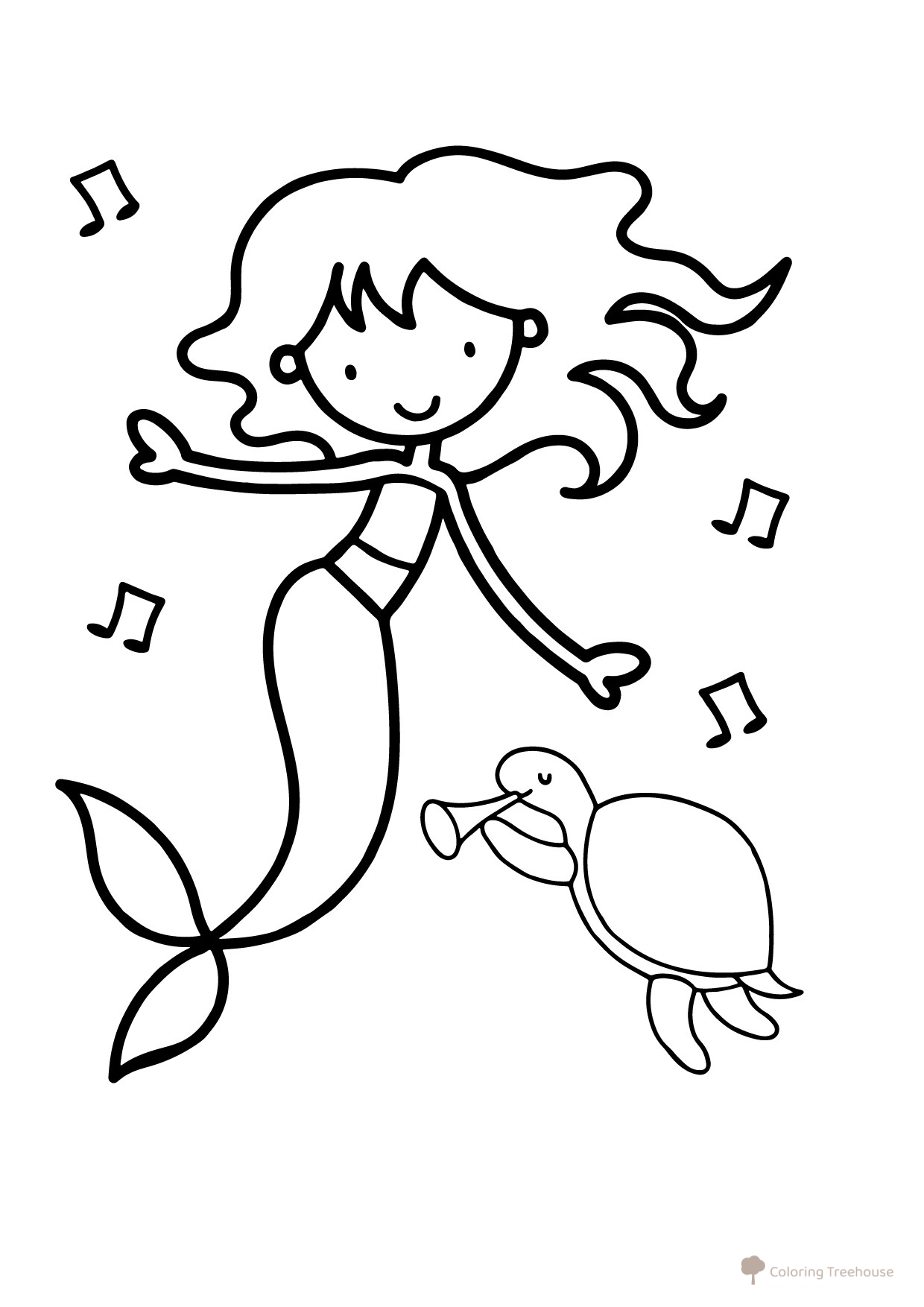 Página para colorear: La sirena canta junto a la tortuga dibujo para colorear gratis de Páginas para colorear de sirenas para niños pequeños