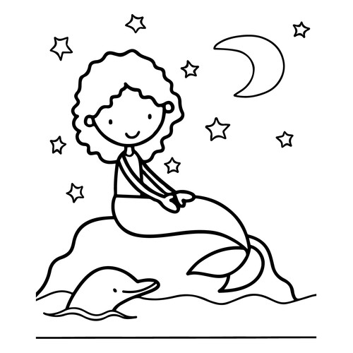 美人鱼与海豚和彩星之夜 - 涂色页 免费可打印适合小宝宝的美人鱼涂色画涂色页