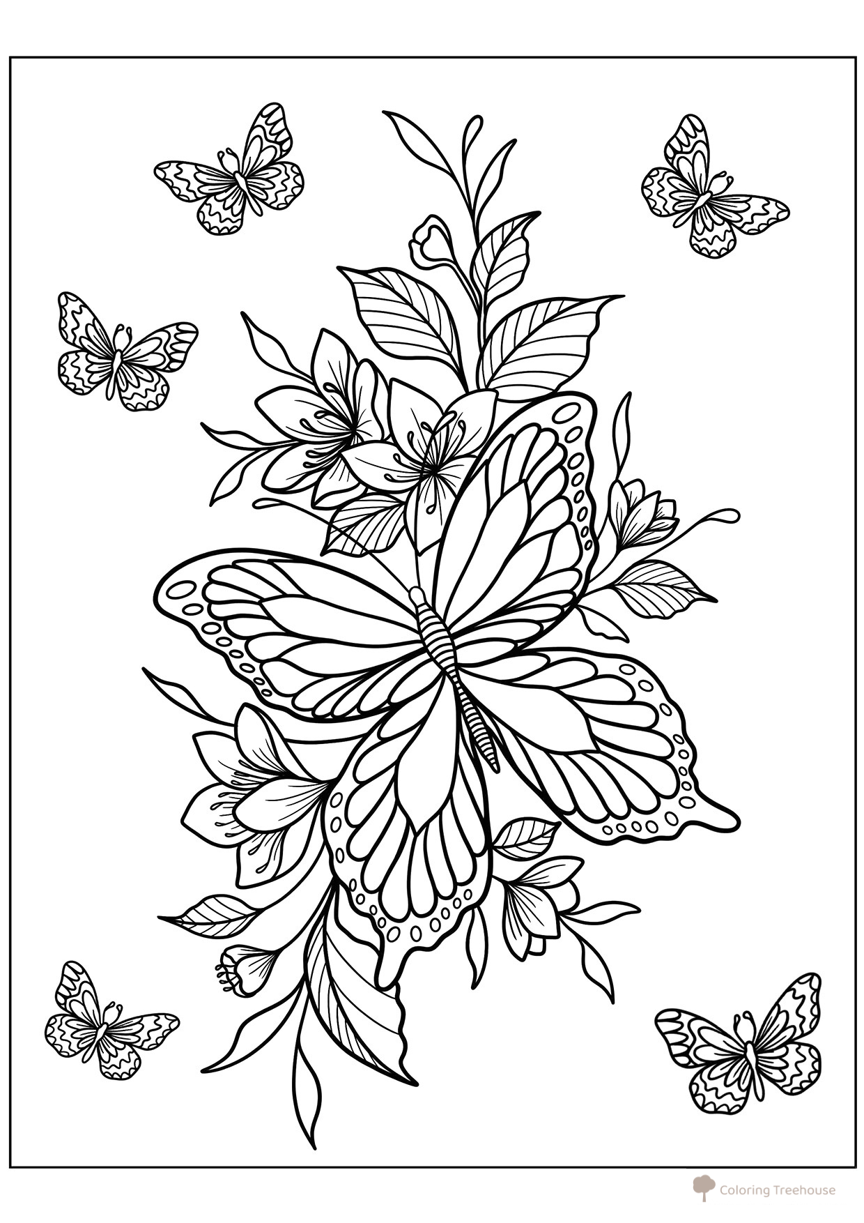 Página para colorear «Mariposas y lirios» dibujo para colorear gratis de Mariposas – láminas para colorear. Mariposas y flores