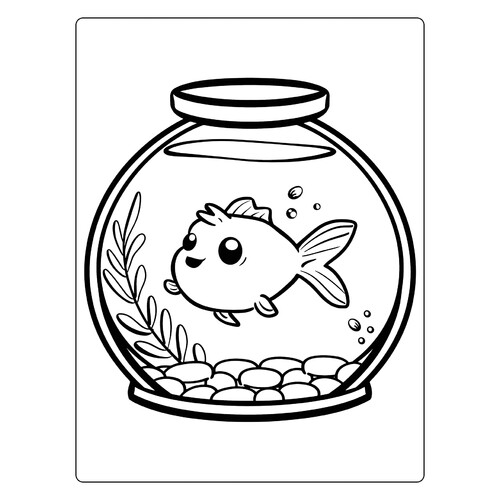 Libro para colorear «Dulce pez dorado en el acuario» dibujo para colorear gratis de Páginas para colorear de peces y habitantes del mar para niños