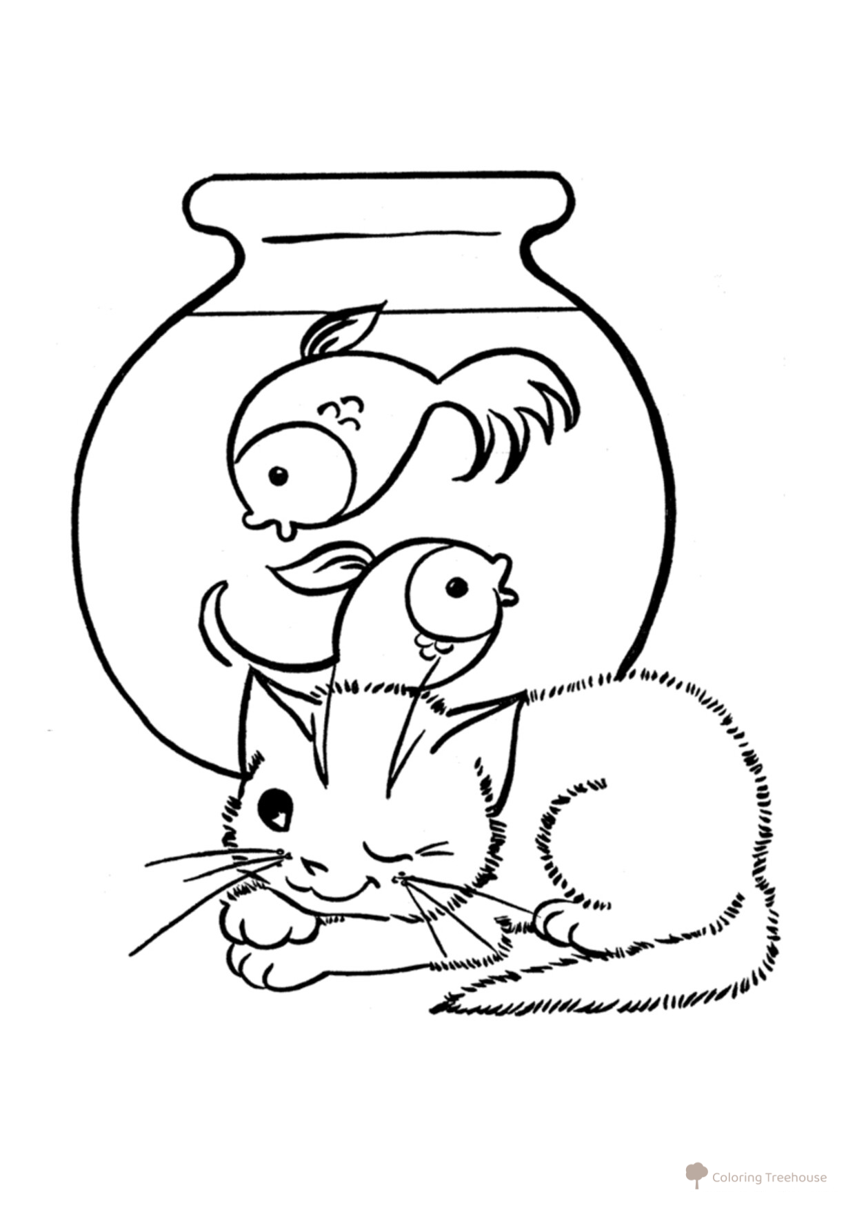 Fish in an Aquarium and Cat Coloring Page free printable Fish Coloring Pages for Kids coloring page
