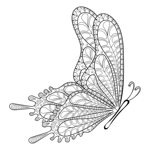 Página para colorear: Mariposa voladora con patrones intrincados dibujo para colorear gratis de Mariposas – láminas para colorear. Mariposas y flores