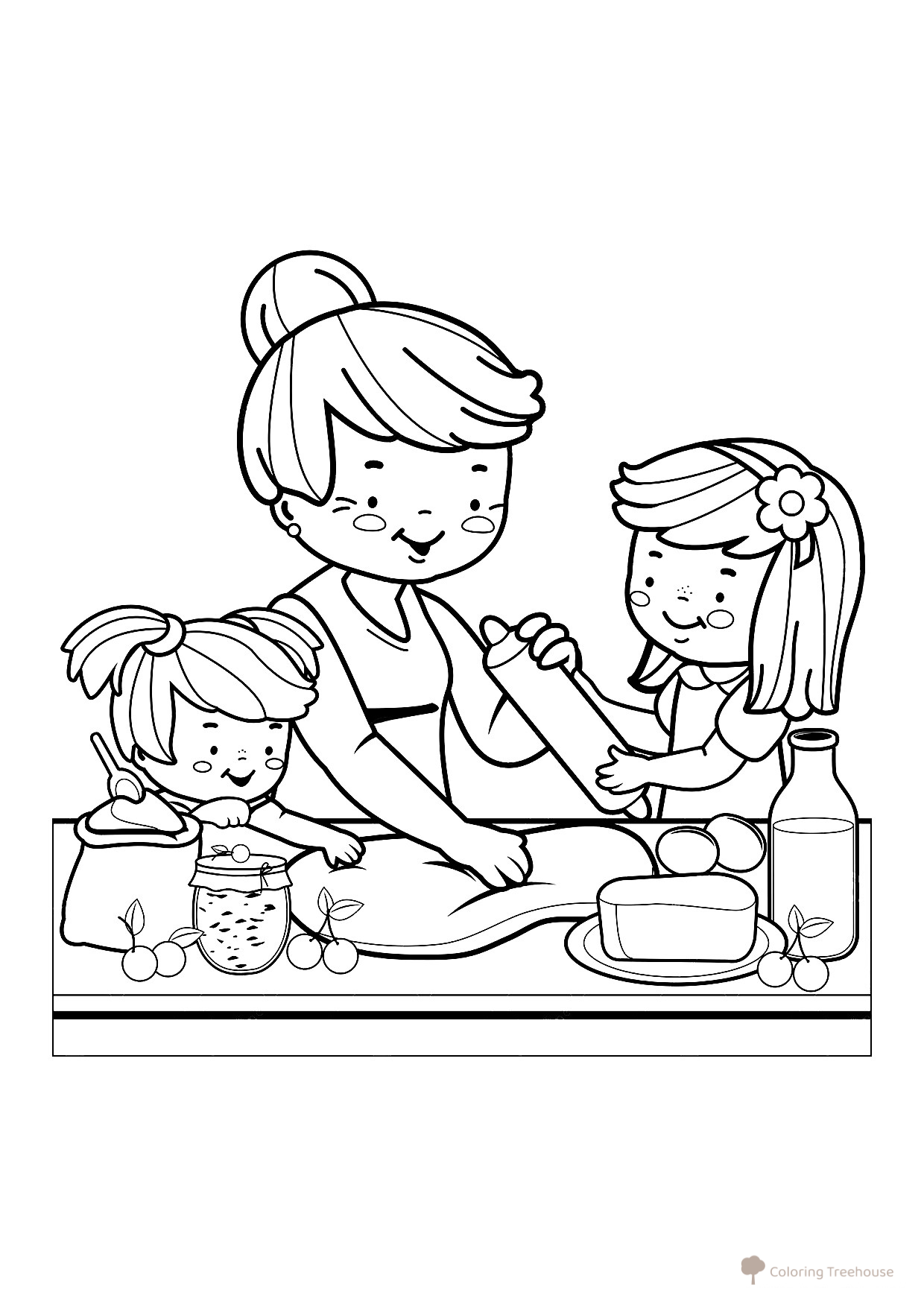 Grandma Cooking with Grandchildren Coloring Page free printable Family Coloring Pages coloring page