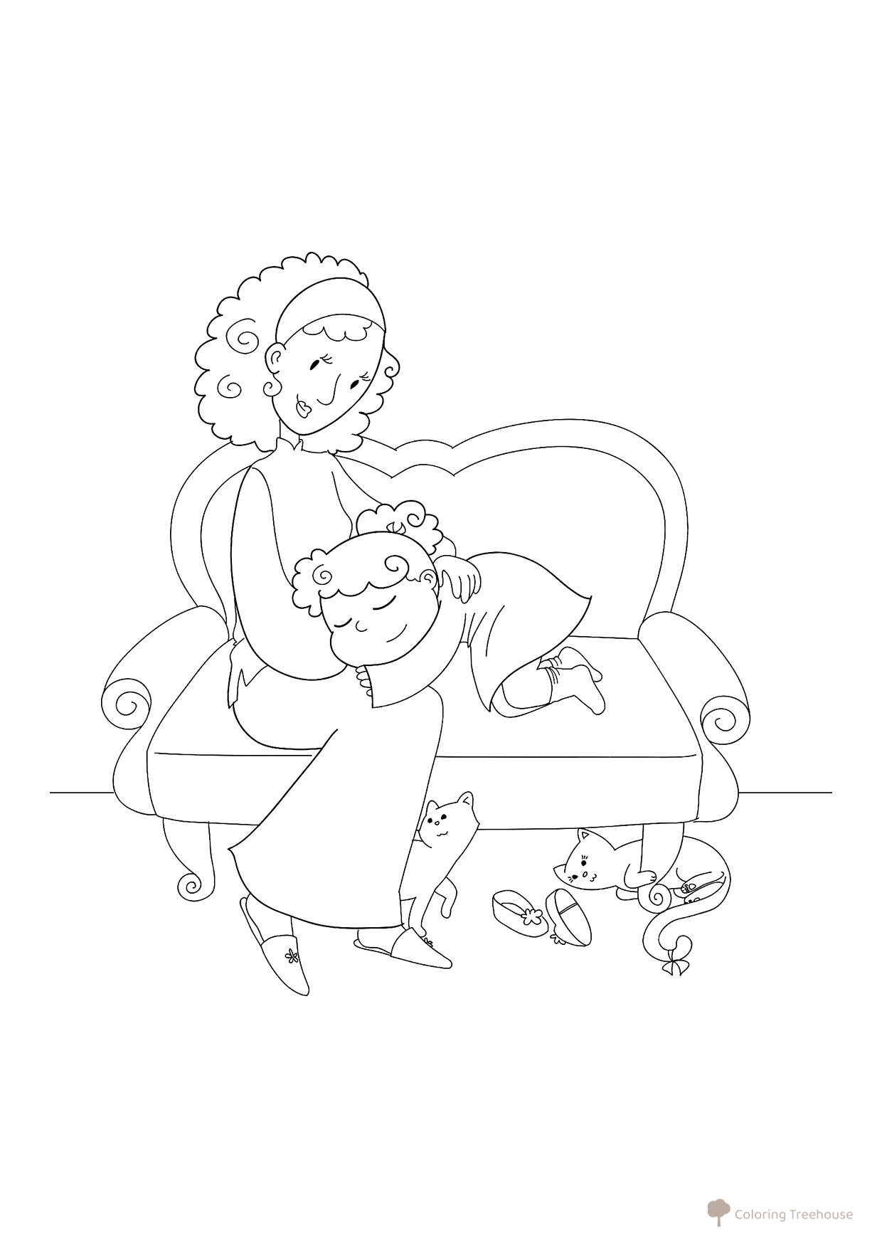Mom and Her Sleeping Daughter Coloring Page free printable Family Coloring Pages coloring page