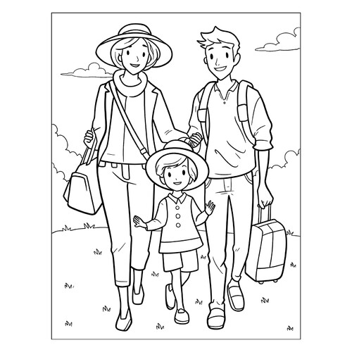 Página para colorear «Mamá y papá paseando con su niño» dibujo para colorear gratis de Páginas para colorear: Familia
