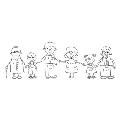 Página para colorear «Mamá, papá, abuelo, abuela y sus nietos» dibujo para colorear gratis de Páginas para colorear: Familia
