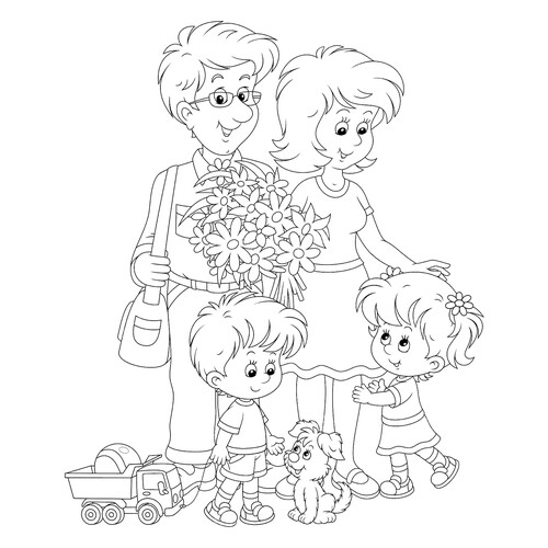 Página para colorear «Mamá, papá, hijo, hija y cachorrito» dibujo para colorear gratis de Páginas para colorear: Familia