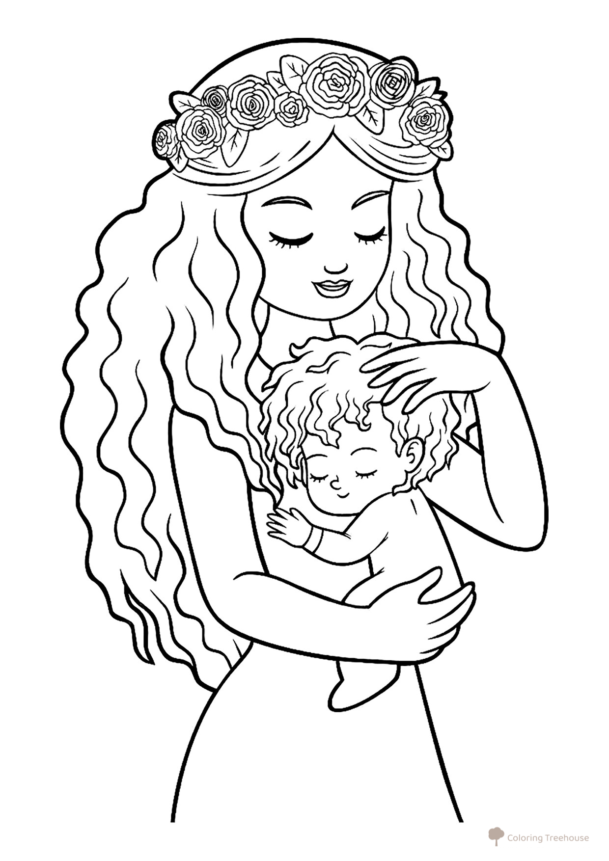 Página para colorear «Mamá con bebé en brazos» dibujo para colorear gratis de Páginas para colorear: Familia