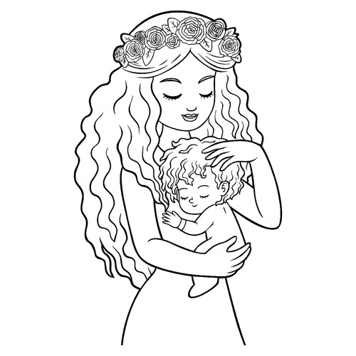 Página para colorear «Mamá con bebé en brazos» dibujo para colorear gratis de Páginas para colorear: Familia
