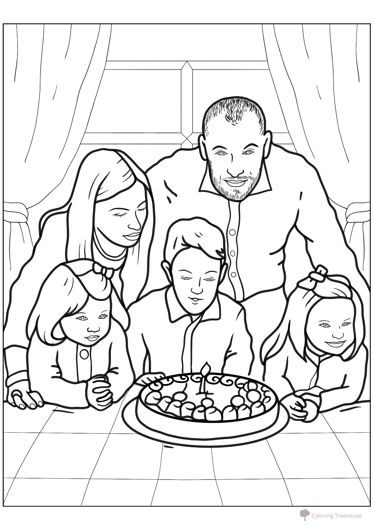 Página para colorear «Familia en el cumpleaños» dibujo para colorear gratis de Páginas para colorear: Familia