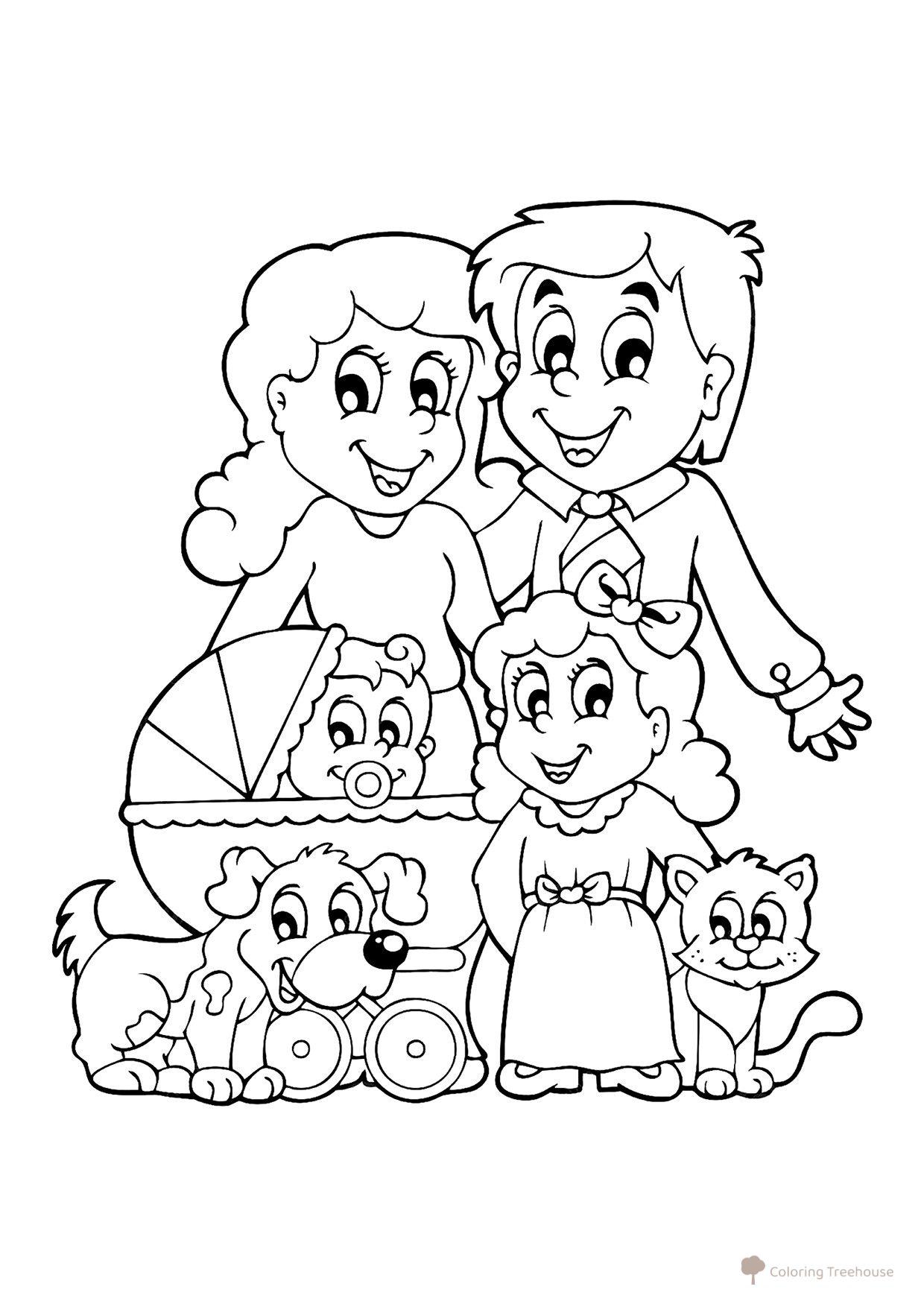 Página para colorear «Familia con mascotas» dibujo para colorear gratis de Páginas para colorear: Familia