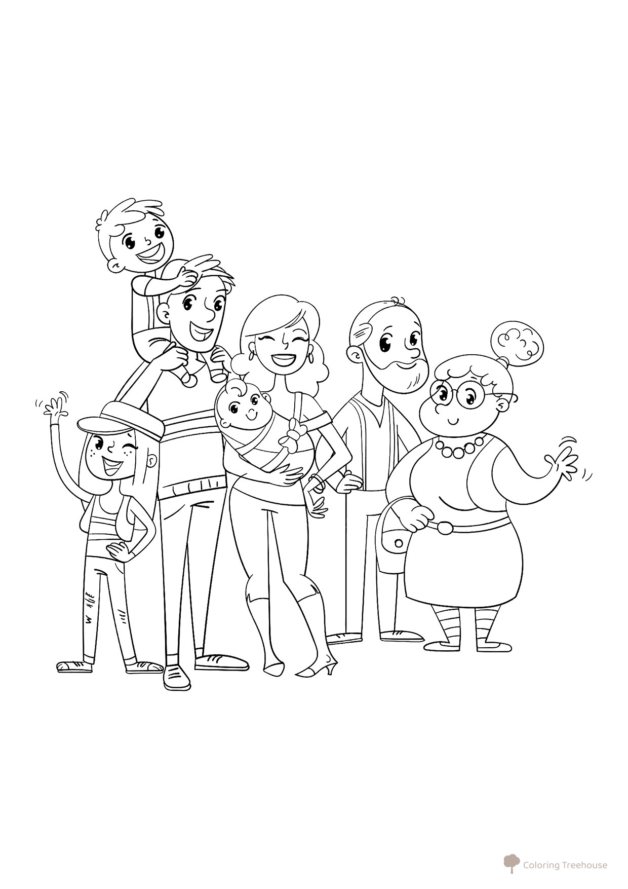 Página para colorear «Tres generaciones de la familia» dibujo para colorear gratis de Páginas para colorear: Familia