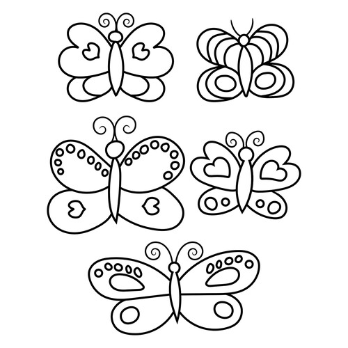 Página para colorear Cinco mariposas dibujo para colorear gratis de Mariposas – láminas para colorear. Mariposas y flores