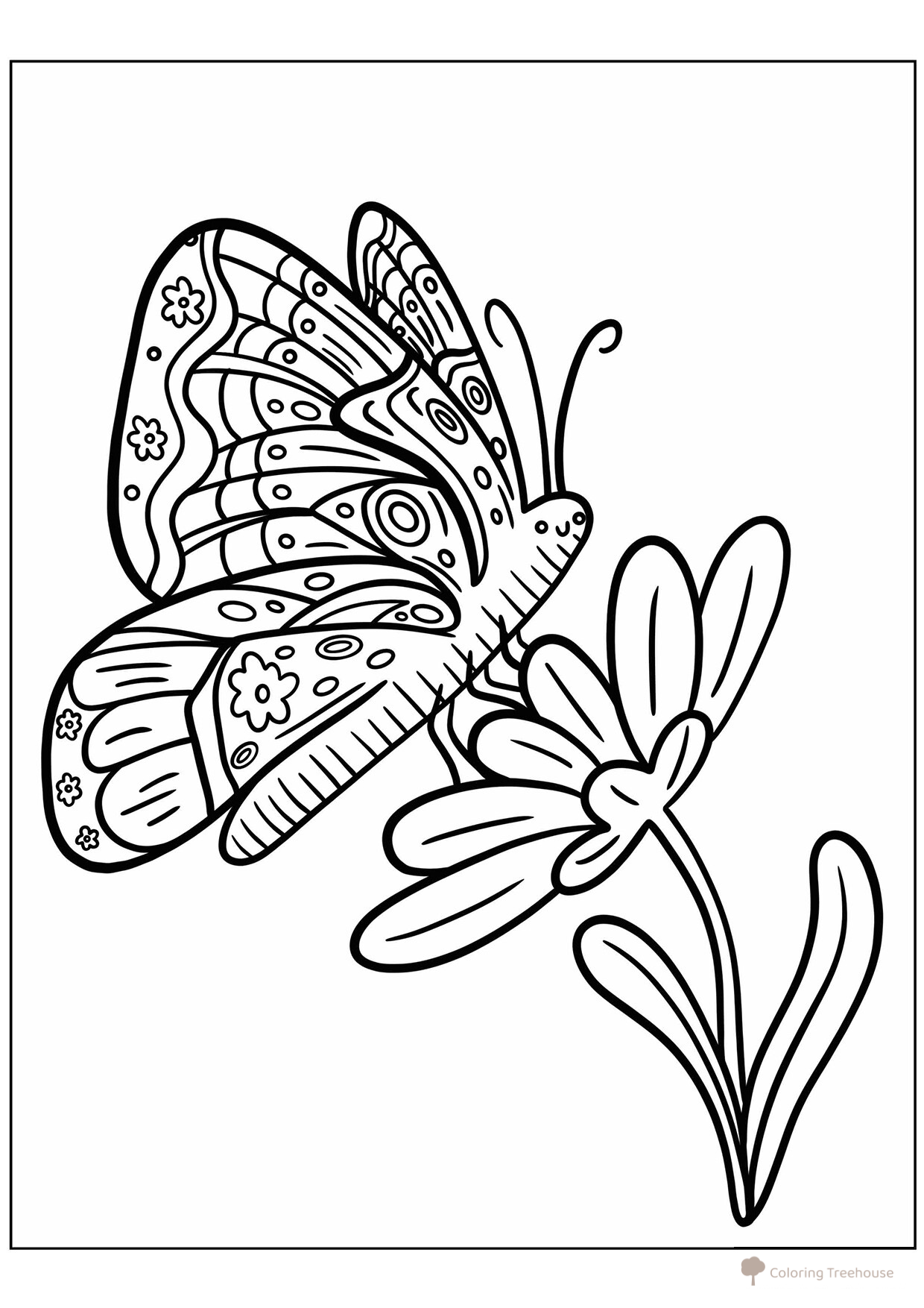 Página para colorear «Mariposa feliz en la flor» dibujo para colorear gratis de Mariposas – láminas para colorear. Mariposas y flores