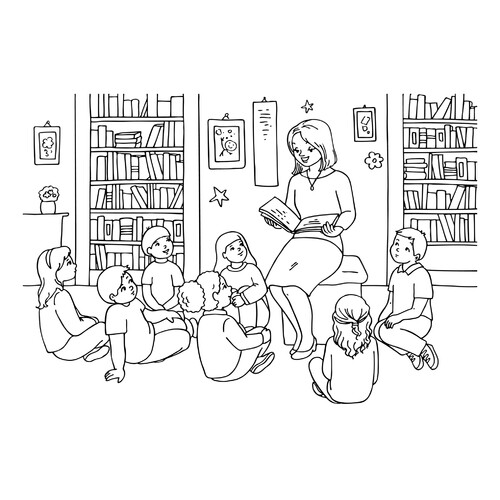 Página para colorear: La maestra lee a los niños dibujo para colorear gratis de Páginas para colorear del 1 de septiembre