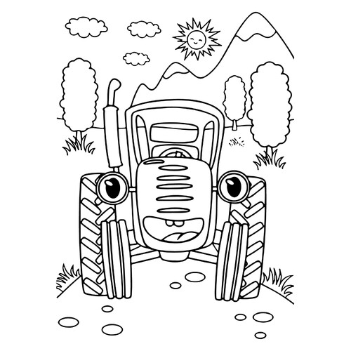 Blue Tractor Coloring Page — Driving on the Road free printable Blue Tractor Coloring Pages coloring page