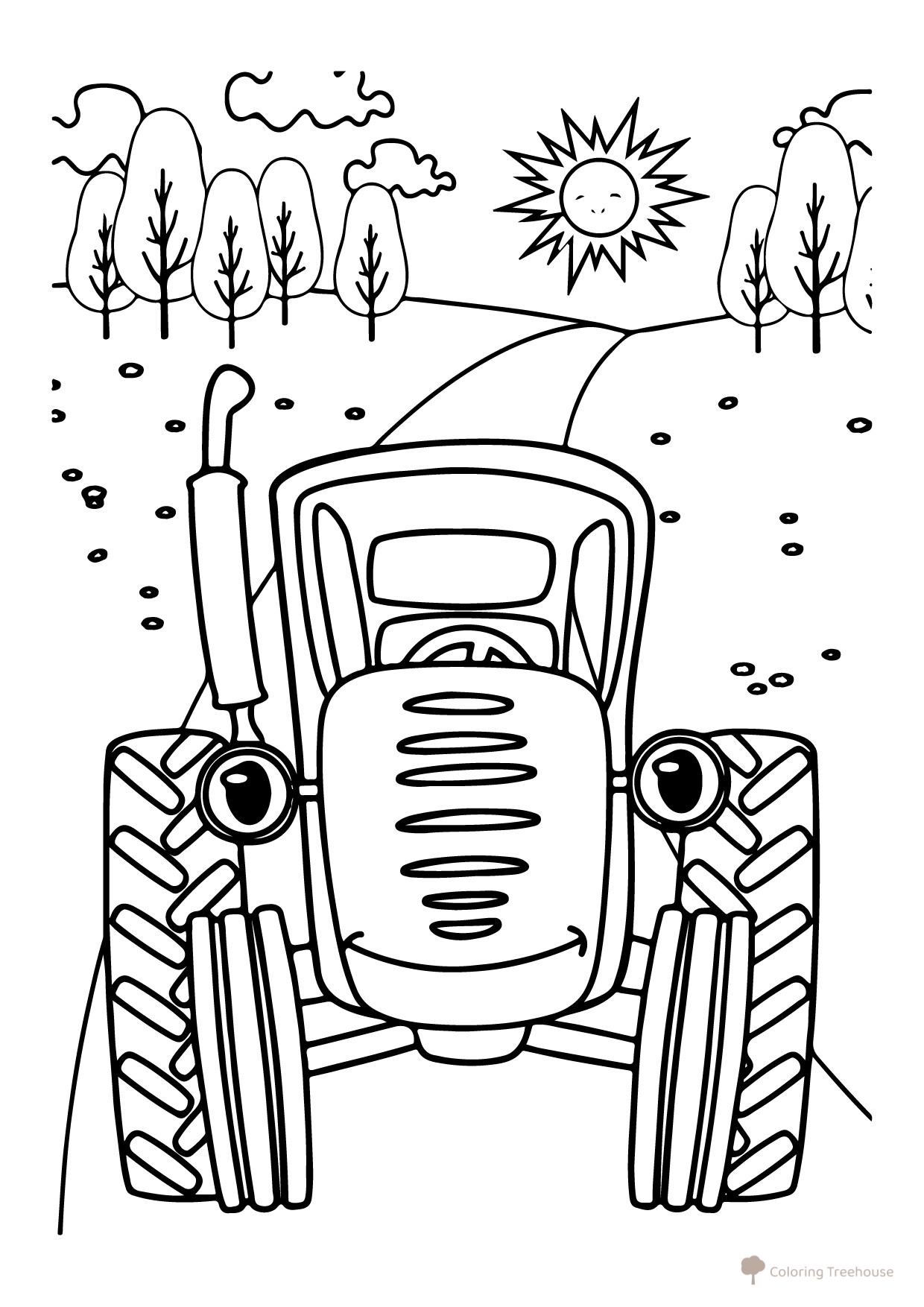 Blue Tractor Coloring Page: Driving Across the Fields free printable Blue Tractor Coloring Pages coloring page