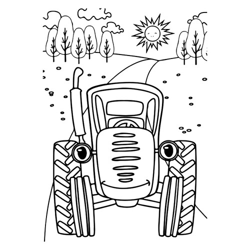 Blue Tractor Coloring Page: Driving Across the Fields free printable Blue Tractor Coloring Pages coloring page