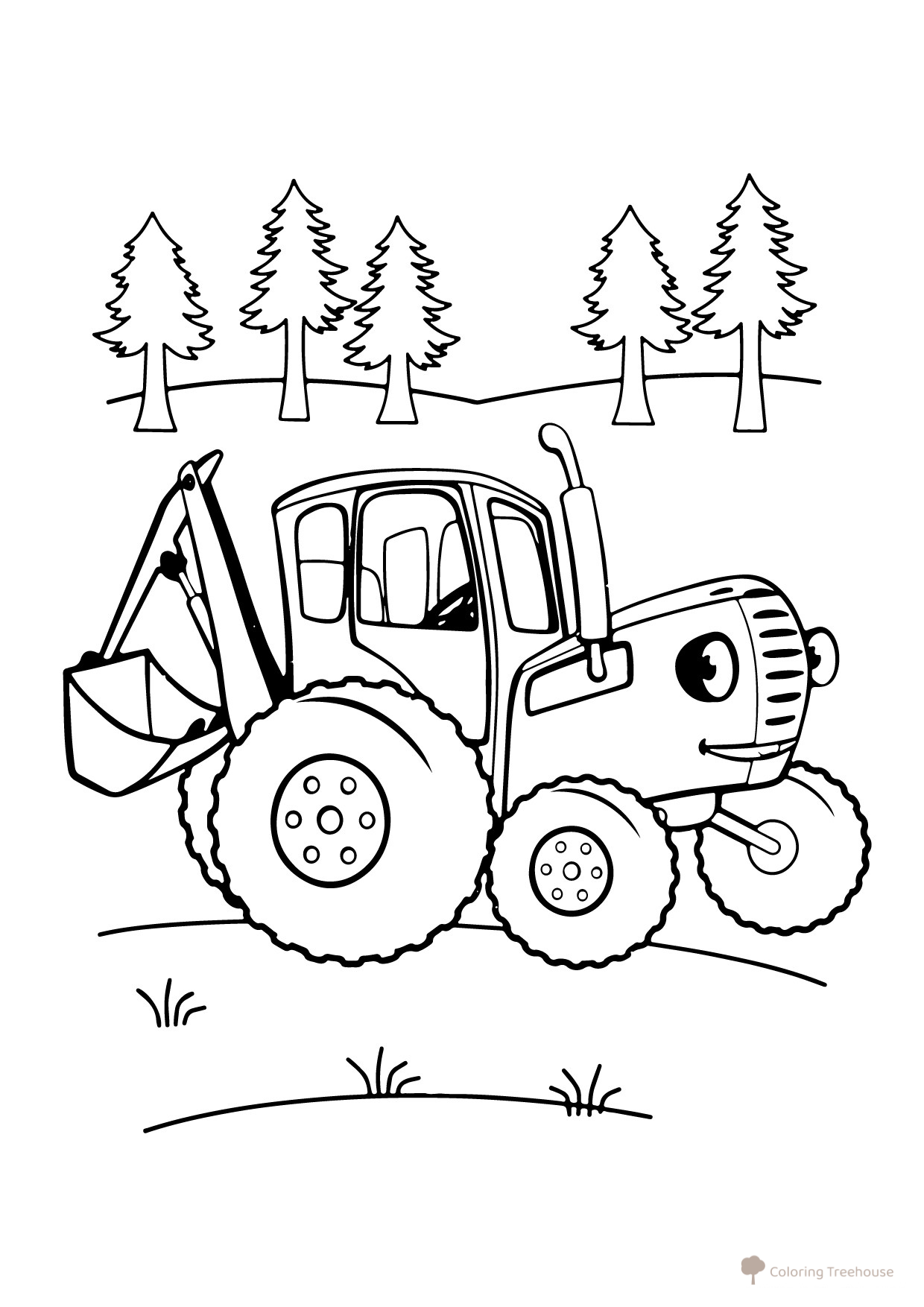 Blue Tractor and Fir Trees Coloring Page free printable Blue Tractor Coloring Pages coloring page
