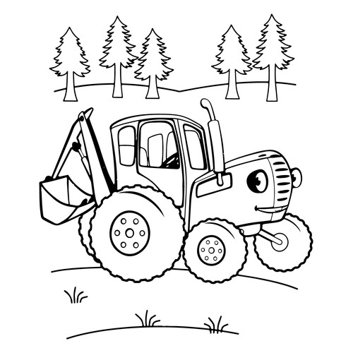 Blue Tractor and Fir Trees Coloring Page free printable Blue Tractor Coloring Pages coloring page