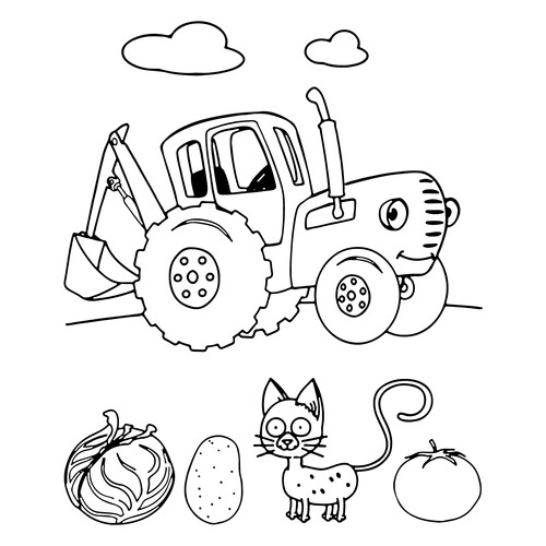 Blue Tractor Coloring Page with Cat and Vegetables free printable Blue Tractor Coloring Pages coloring page