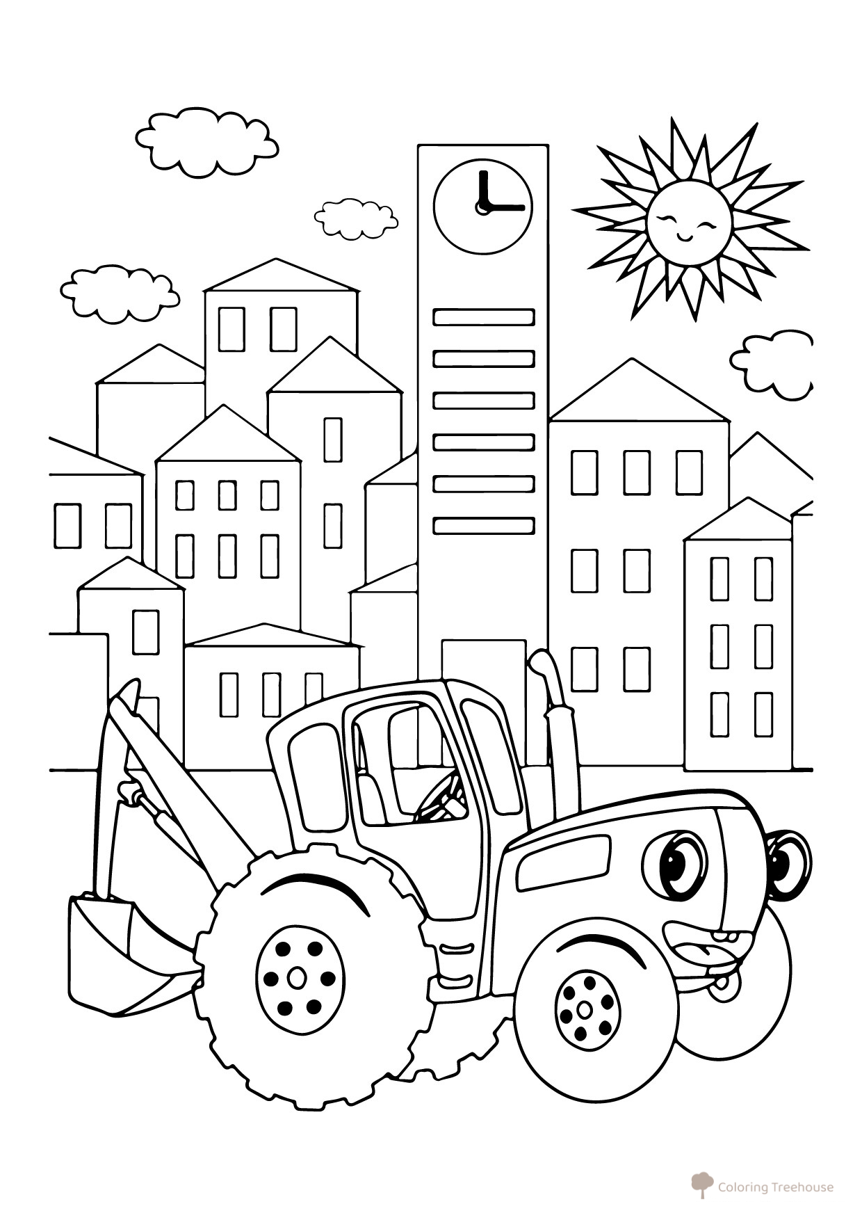 Blue Tractor in the City Coloring Page free printable Blue Tractor Coloring Pages coloring page