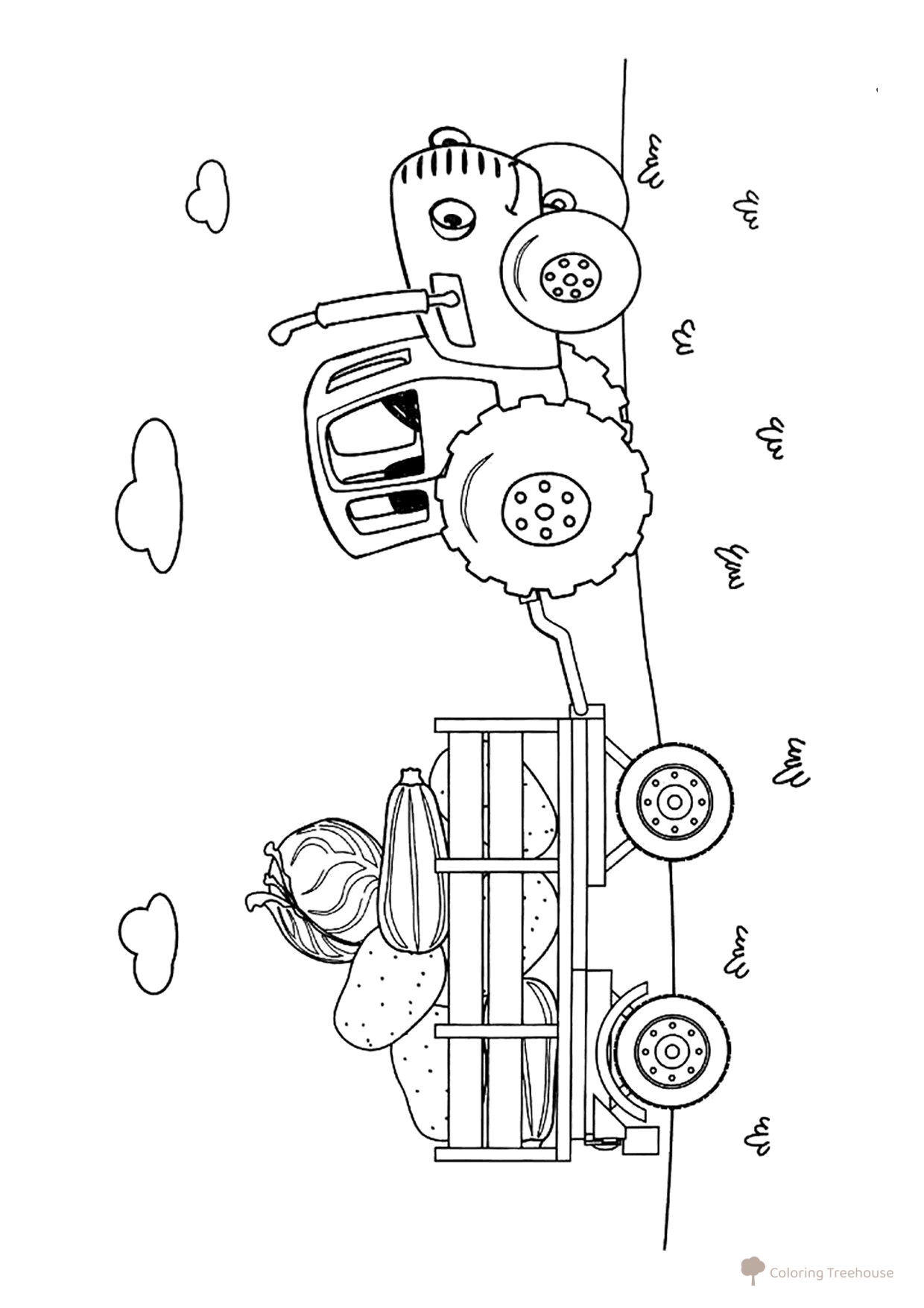 Blue Tractor Carrying Vegetables Coloring Page free printable Blue Tractor Coloring Pages coloring page