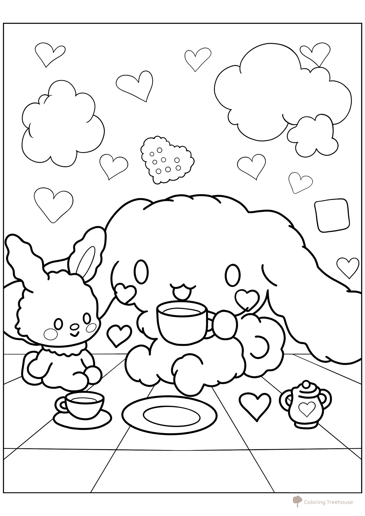 Página para colorear «Peluche Cinnamoroll toma té con un amigo» dibujo para colorear gratis de Páginas para colorear de Cinnamoroll