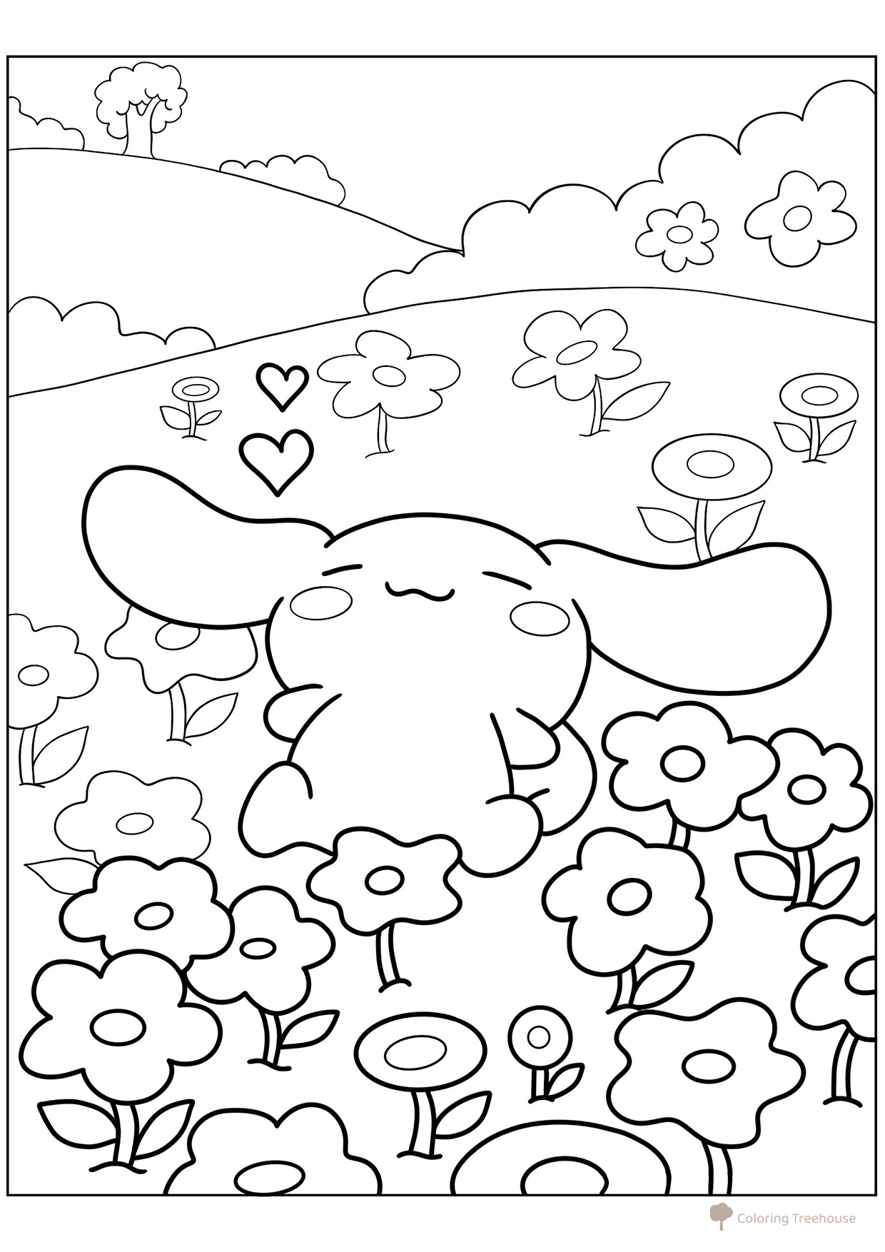 Cinnamoroll and Flowers Coloring Page free printable Cinnamoroll Coloring Pages coloring page