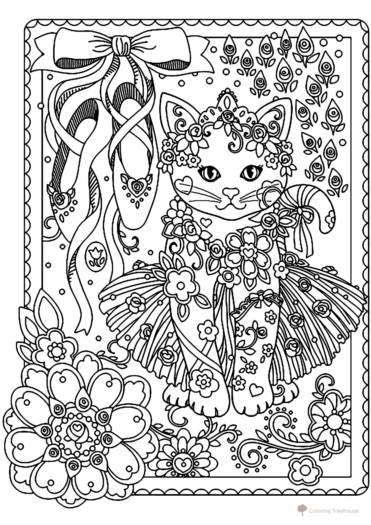 Página para colorear antiestrés: bailarina gata dibujo para colorear gratis de Ballerina Coloring Pages for Girls