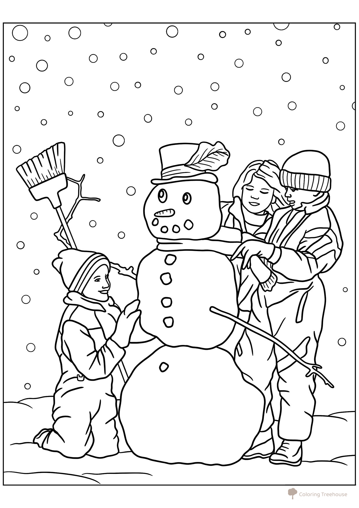 Kids Building a Cute Snowman Coloring Page free printable Snowman Coloring Pages for Kids coloring page