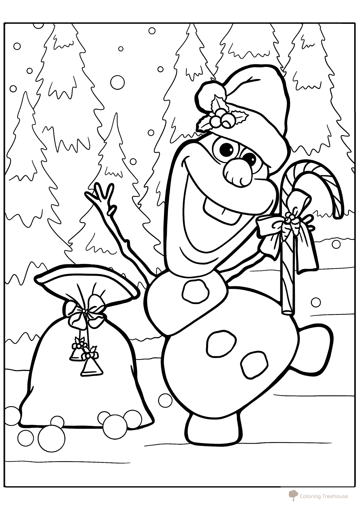 Página para colorear: Olaf con saco de regalos dibujo para colorear gratis de Página para colorear: Muñeco de nieve para niños