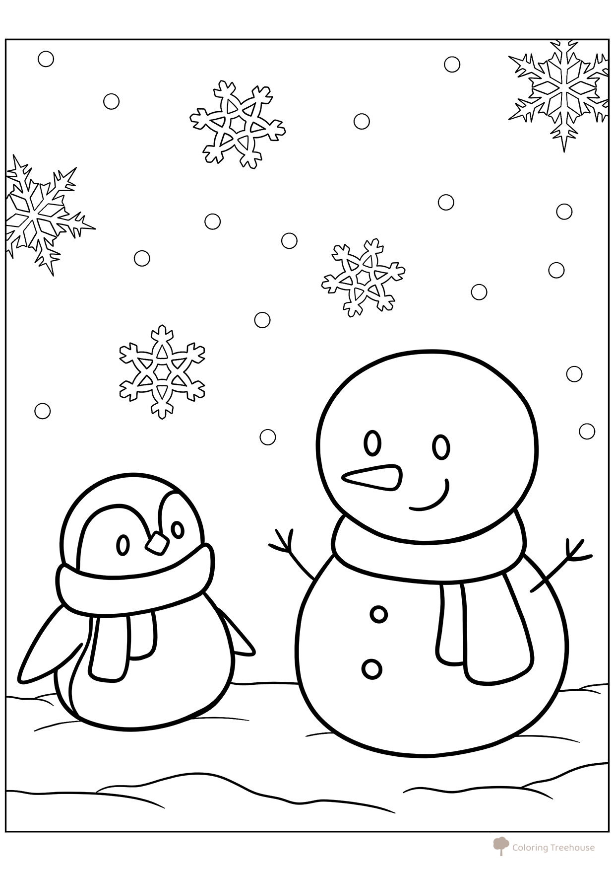 Página para colorear: Muñeco de nieve y pingüino con bufandas dibujo para colorear gratis de Página para colorear: Muñeco de nieve para niños